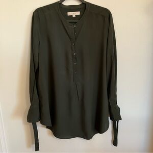 LOFT Dark Green Button-Up Blouse with bow tie sleeves
